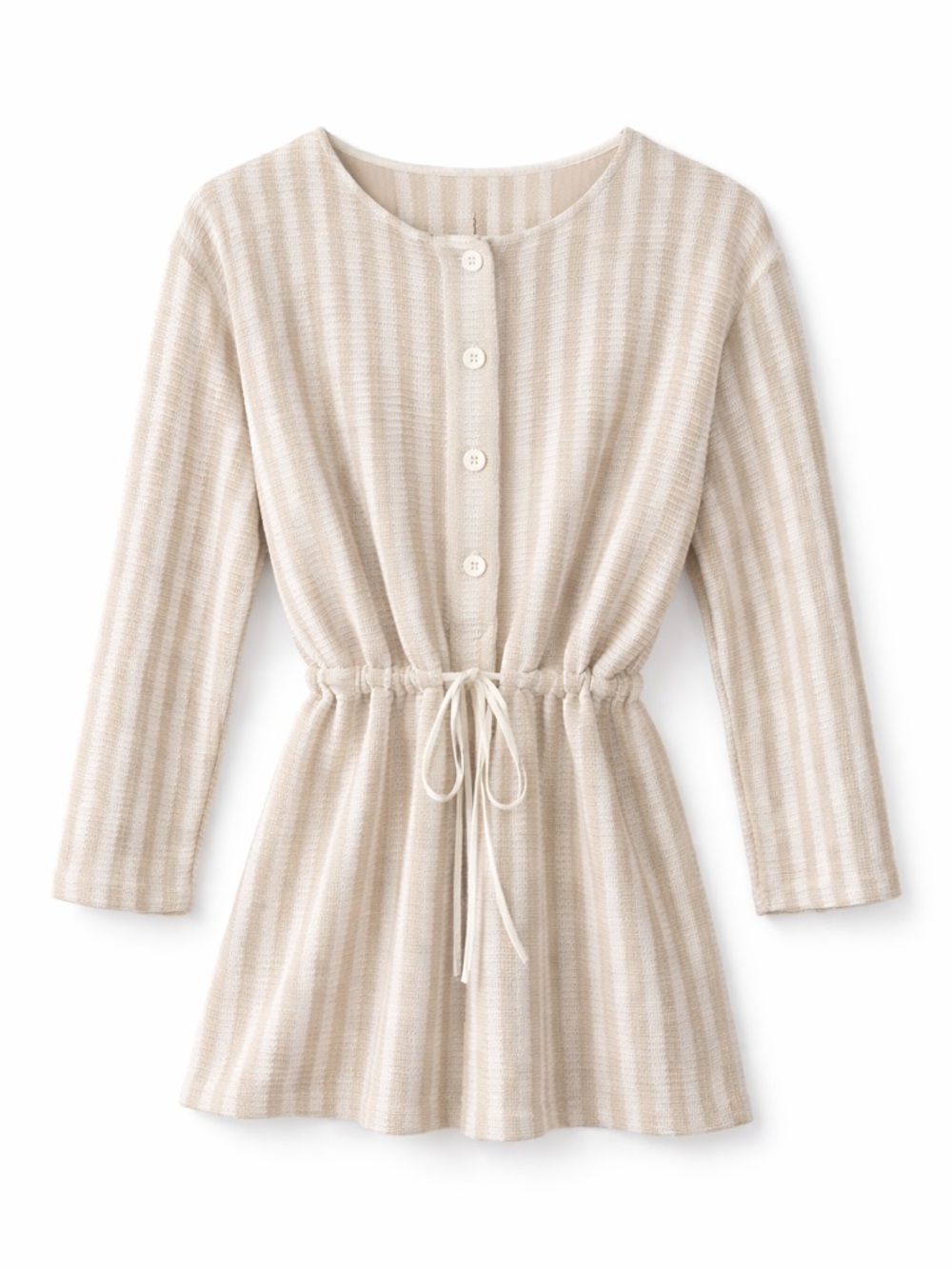 Vernacular Striped Cream Drawstring-Waist Knit Romper (205)